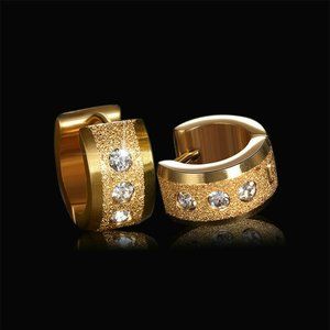 Mens Gold Stainless Steel Diamond Zircon Frosted Sandblast Hoop Earrings 14mm